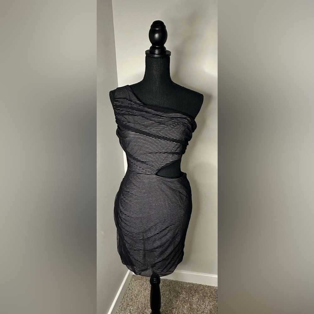 NWT! BCBGeneration One Shoulder Black and Gray Stripe/Reversible Cut Out Dress
